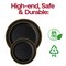 Black with Gold Edge Rim Plastic Dinnerware Value Set (120 Guests)